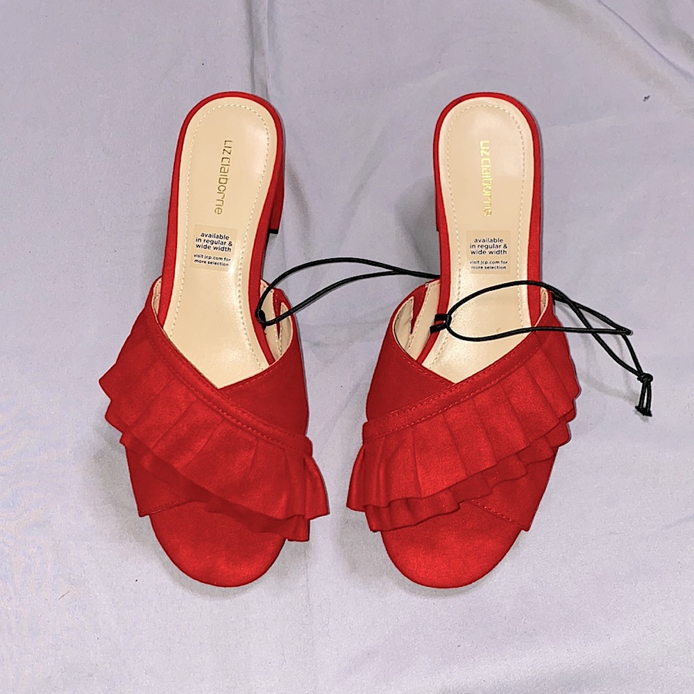 Red mule heeled sandals, size 8M